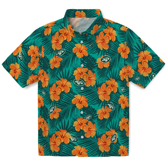 New York Jets Hawaiian Shirt - Hibiscus and Palm Leaves | Moonbestprint