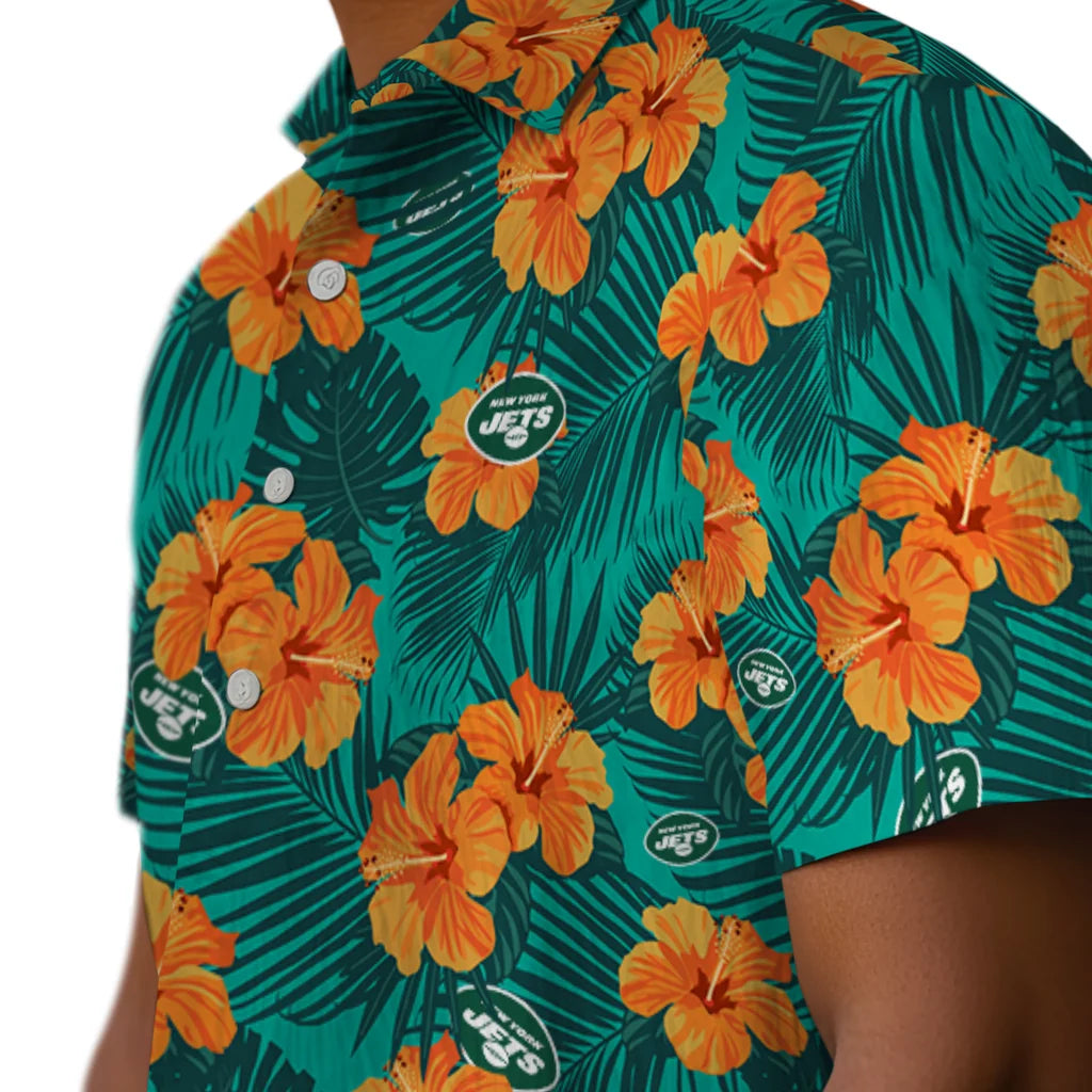 New York Jets Hawaiian Shirt - Hibiscus and Palm Leaves | Moonbestprint