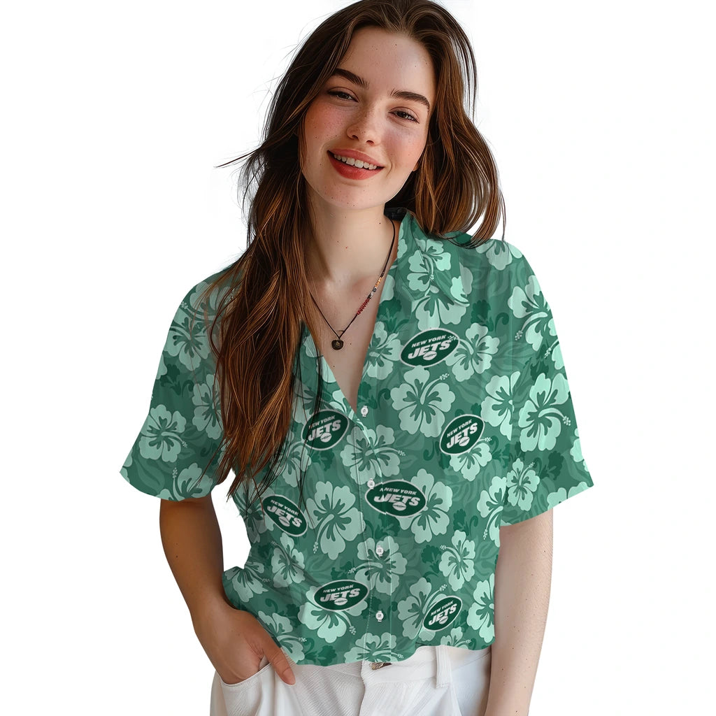 New York Jets Hawaiian Shirt - Hibiscus Cluster | Moonbestprint