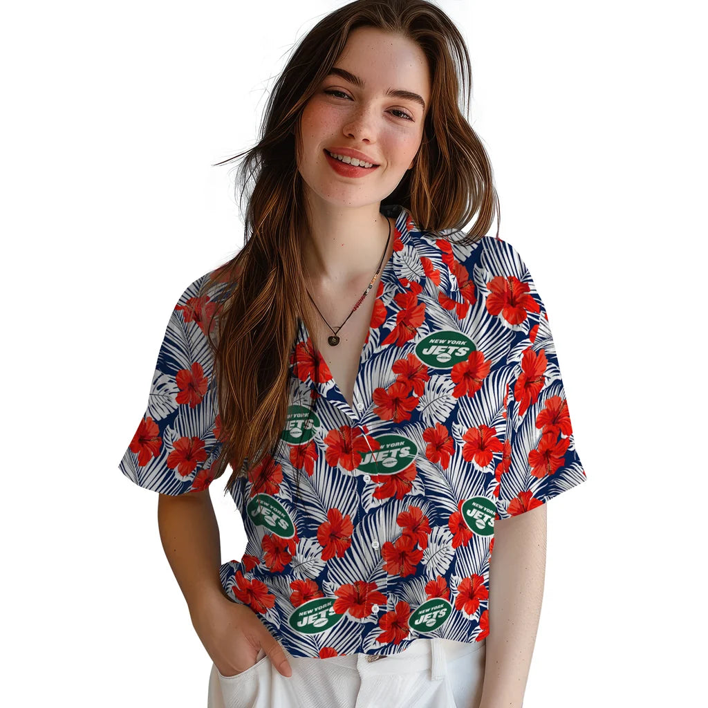 New York Jets Hawaiian Shirt - Hibiscus Fiesta | Moonbestprint