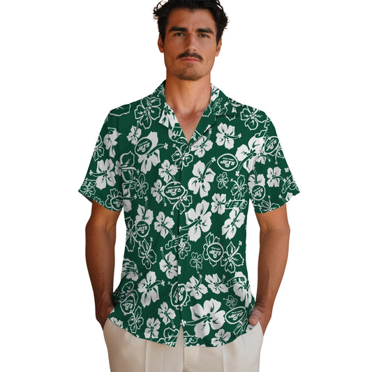 New York Jets Hawaiian Shirt - Hibiscus Flower Design | Moonbestprint