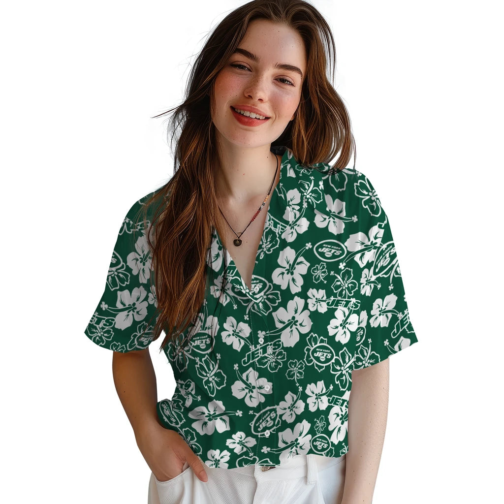 New York Jets Hawaiian Shirt - Hibiscus Flower Design | Moonbestprint