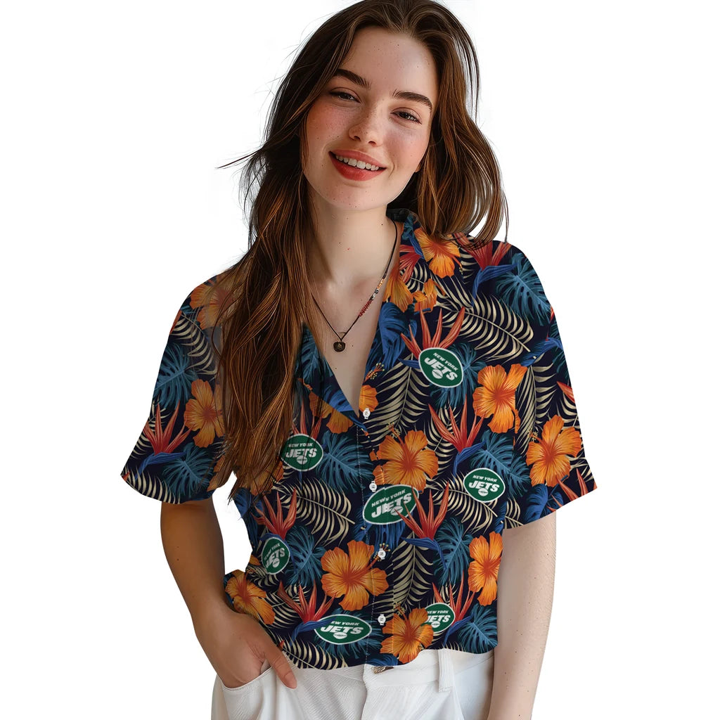 New York Jets Hawaiian Shirt - Hibiscus Foliage | Moonbestprint