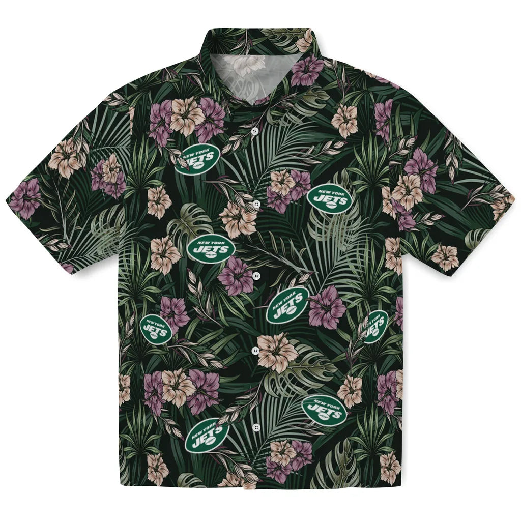 New York Jets Hawaiian Shirt - Hibiscus Leaves Pattern | Moonbestprint