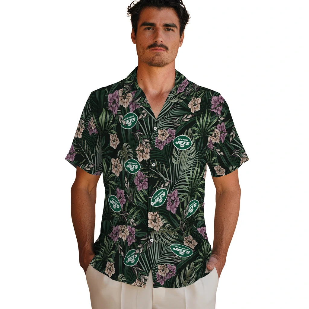 New York Jets Hawaiian Shirt - Hibiscus Leaves Pattern | Moonbestprint