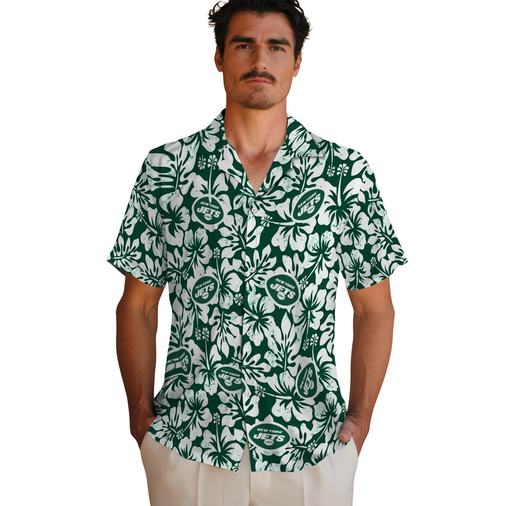 New York Jets Hawaiian Shirt - Hibiscus Motif | Moonbestprint