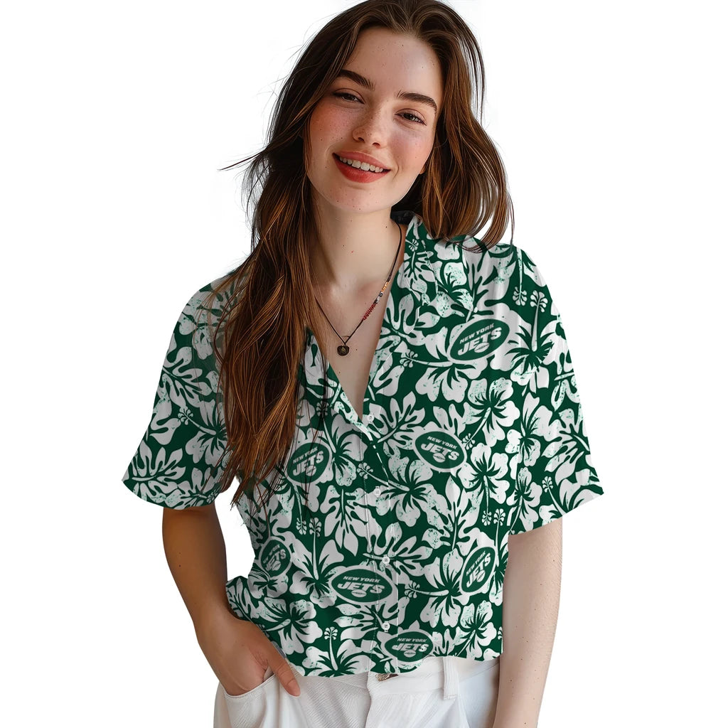 New York Jets Hawaiian Shirt - Hibiscus Motif | Moonbestprint