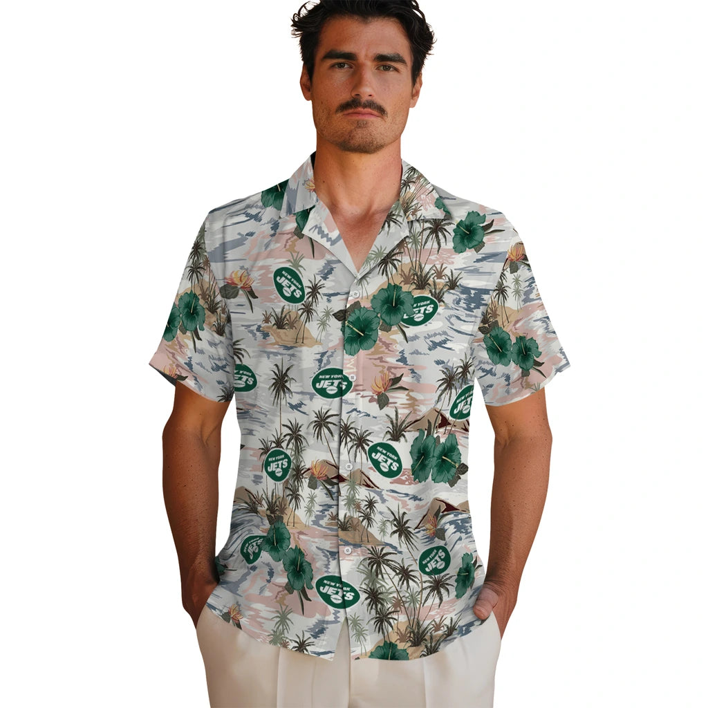 New York Jets Hawaiian Shirt - Hibiscus Seaside | Moonbestprint