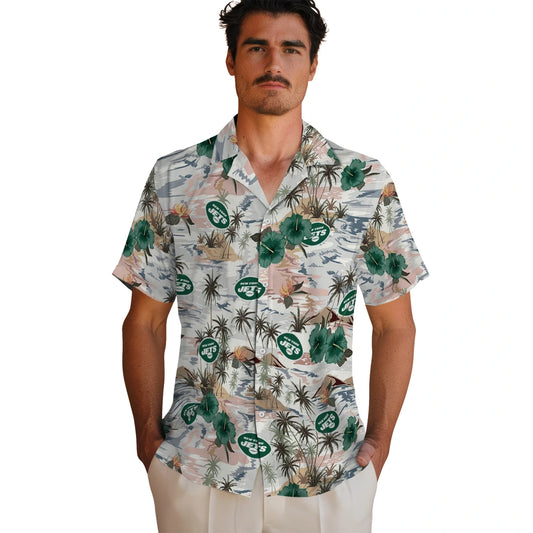 New York Jets Hawaiian Shirt - Hibiscus Seaside | Moonbestprint