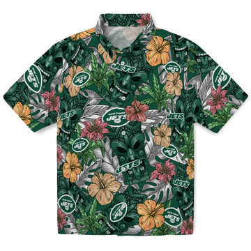 New York Jets Hawaiian Shirt - Hibiscus Tiki Jungle | Moonbestprint