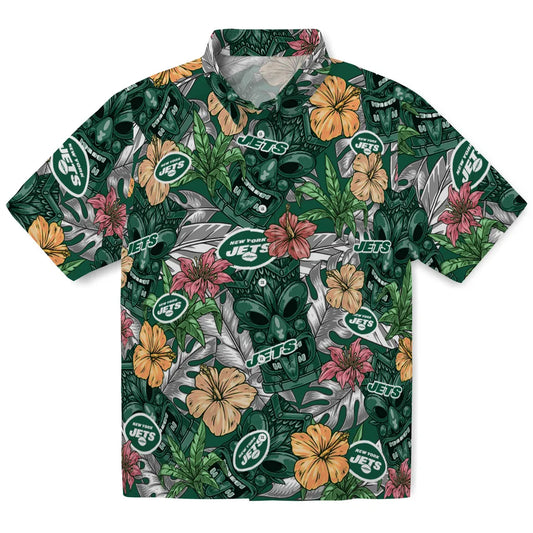 New York Jets Hawaiian Shirt - Hibiscus Tiki Jungle | Moonbestprint