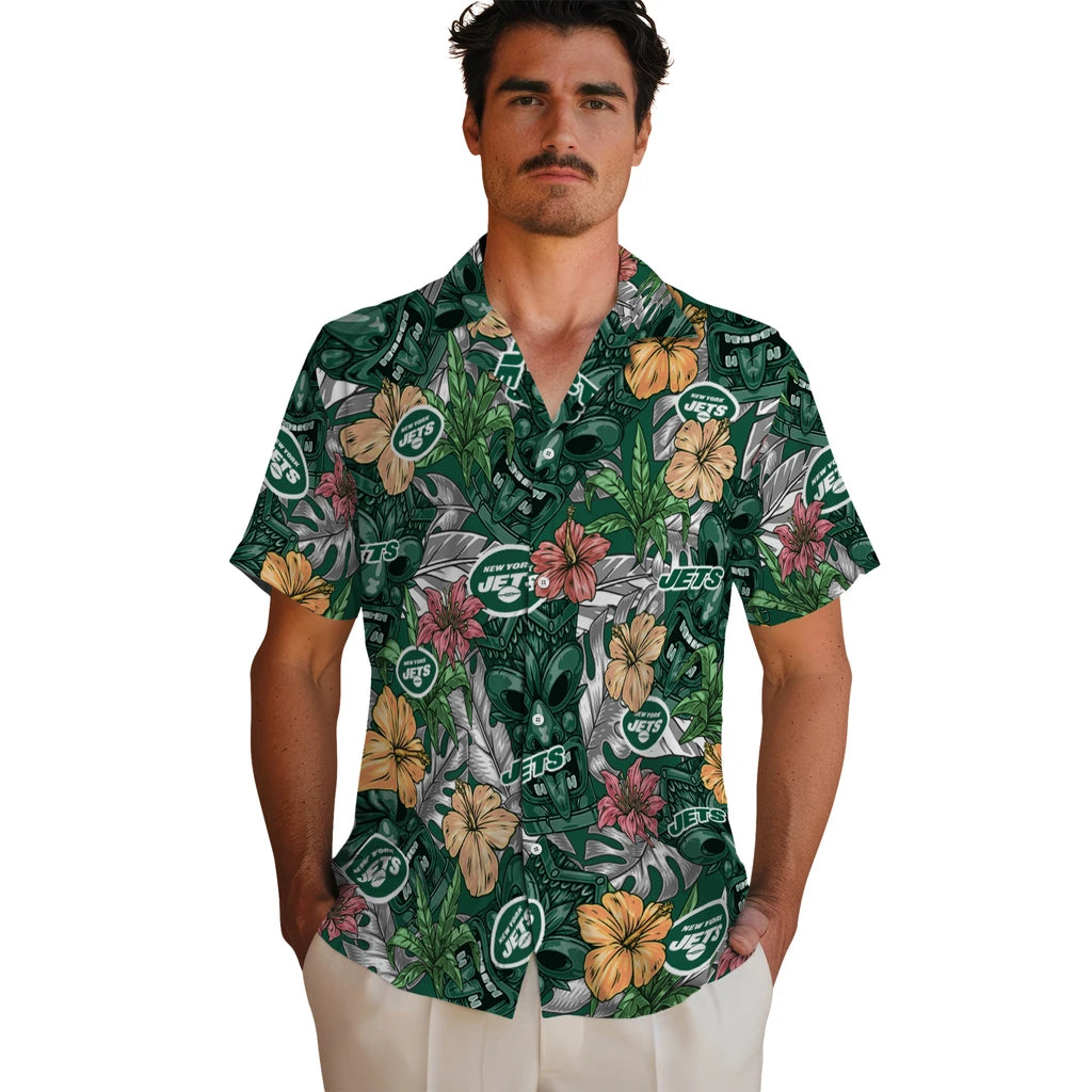 New York Jets Hawaiian Shirt - Hibiscus Tiki Jungle | Moonbestprint