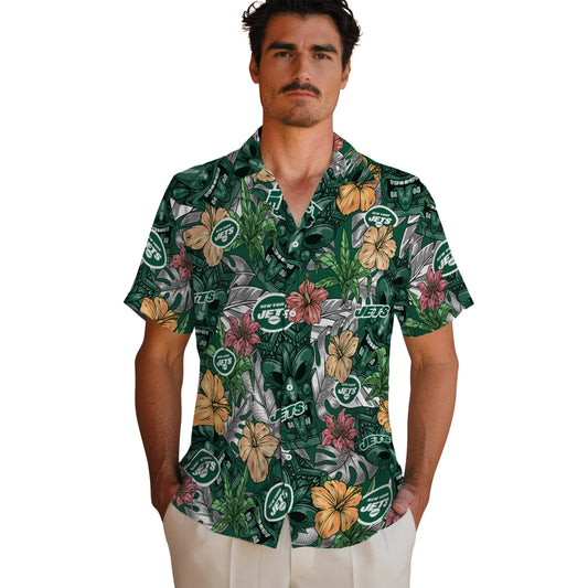 New York Jets Hawaiian Shirt - Hibiscus Tiki Jungle | Moonbestprint