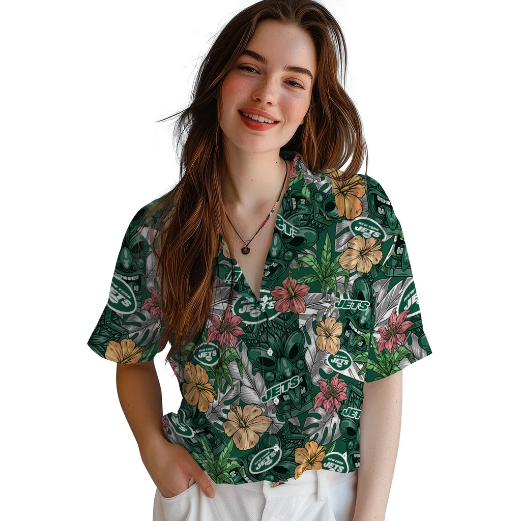 New York Jets Hawaiian Shirt - Hibiscus Tiki Jungle | Moonbestprint