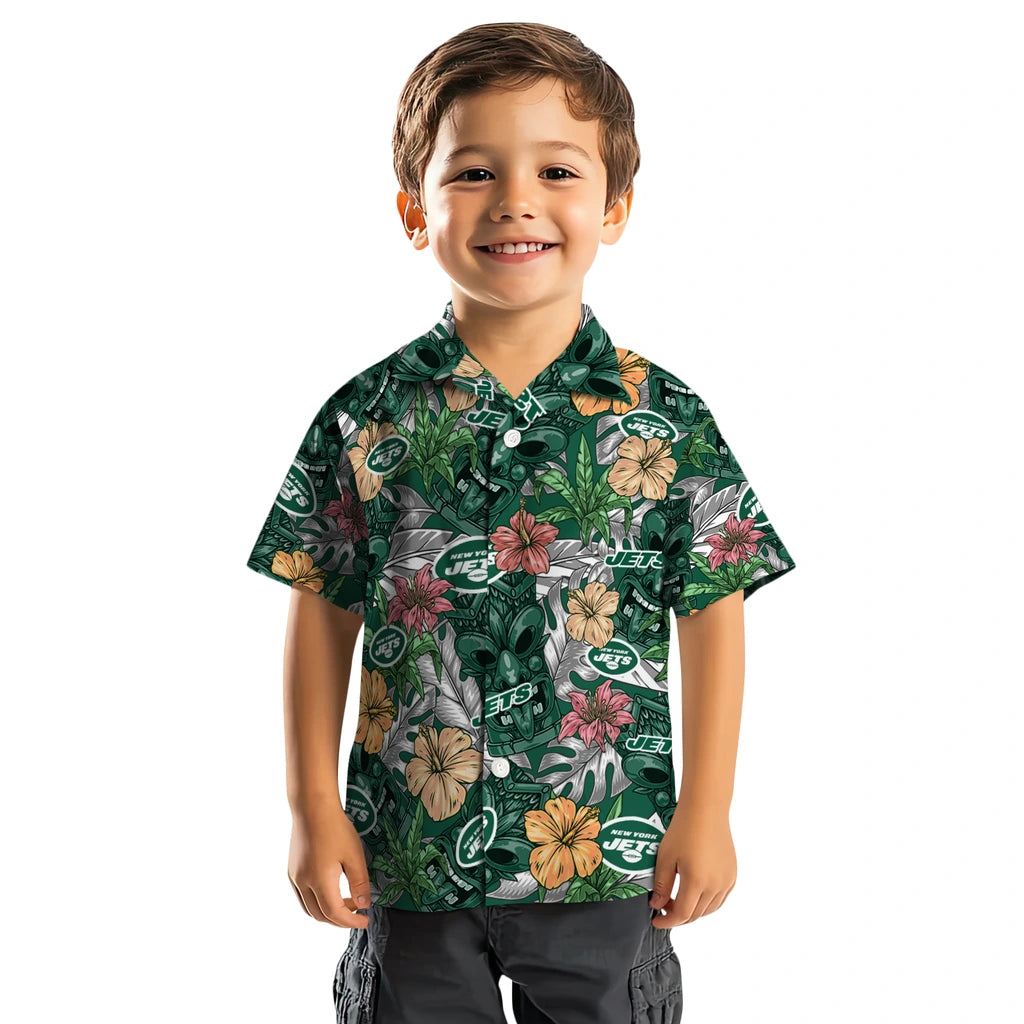 New York Jets Hawaiian Shirt - Hibiscus Tiki Jungle | Moonbestprint