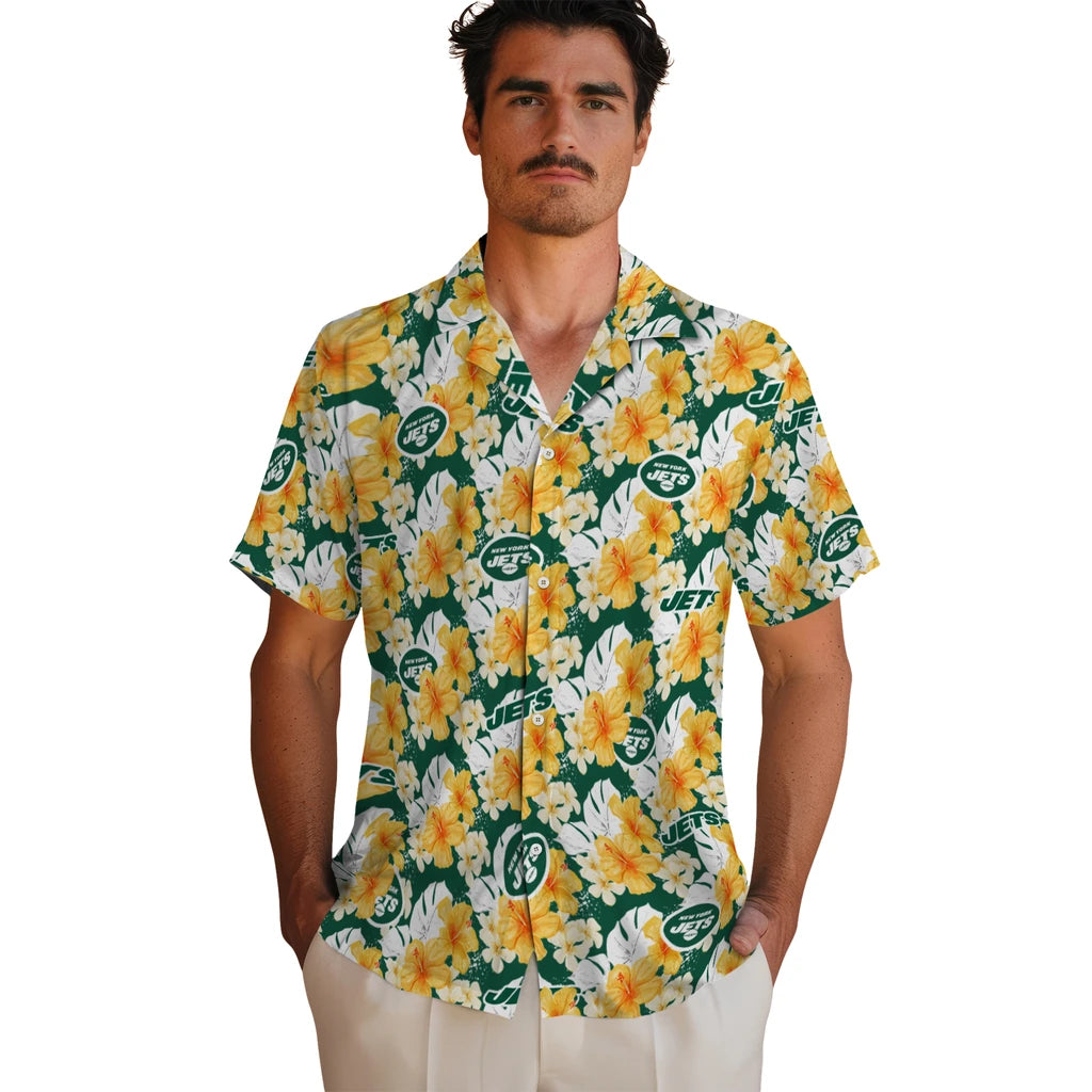 New York Jets Hawaiian Shirt - Hibiscus Tropics | Moonbestprint