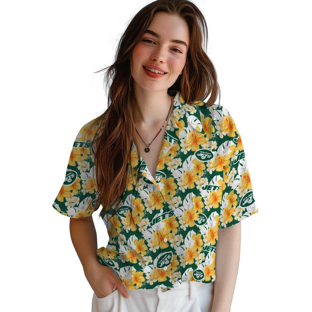 New York Jets Hawaiian Shirt - Hibiscus Tropics | Moonbestprint