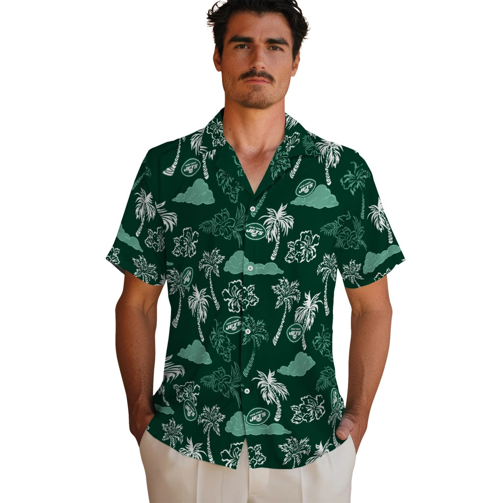 New York Jets Hawaiian Shirt - Palm And Clouds | Moonbestprint