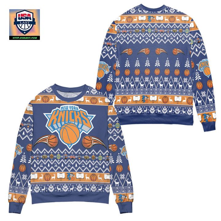 New York Knicks Basketball Team Reindeer Pattern Ugly Christmas Sweater ? Blue ? Usalast