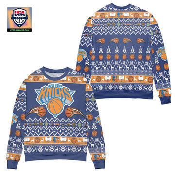 New York Knicks Basketball Team Reindeer Pattern Ugly Christmas Sweater ? Blue ? Usalast