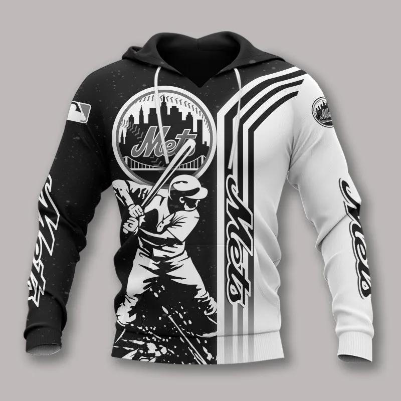 New York Mets Black And White MLB All Over Print Hoodie -Moonbestprint