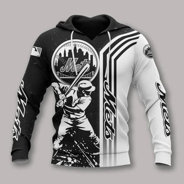 New York Mets Black And White MLB All Over Print Hoodie -Moonbestprint
