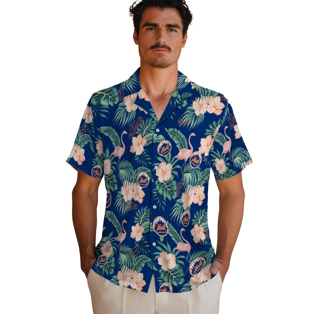 New York Mets Hawaiian Shirt - Flamingo and Hibiscus | Moonbestprint