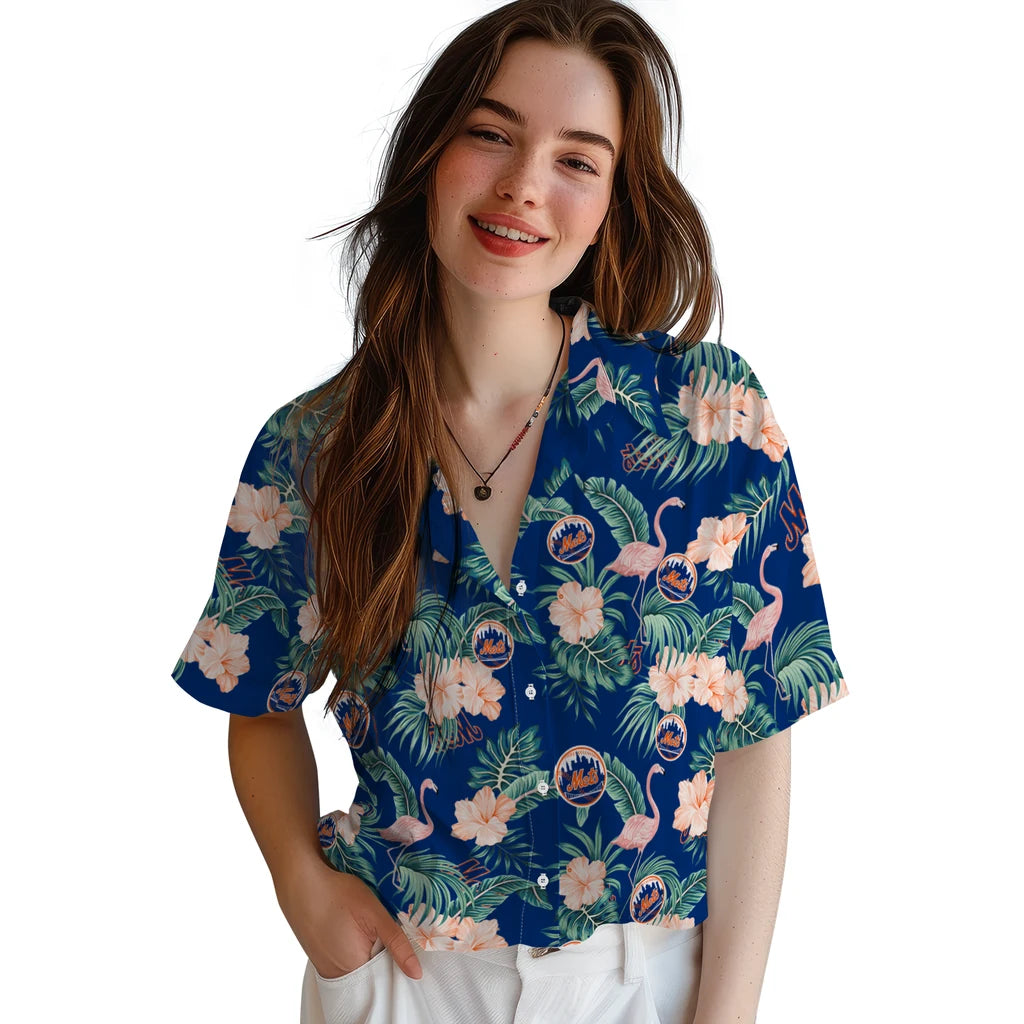 New York Mets Hawaiian Shirt - Flamingo and Hibiscus | Moonbestprint