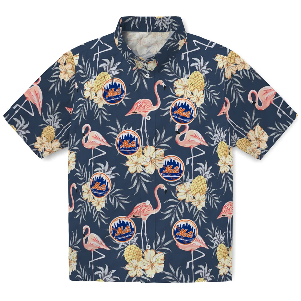 New York Mets Hawaiian Shirt - Flamingo Hibiscus | Moonbestprint