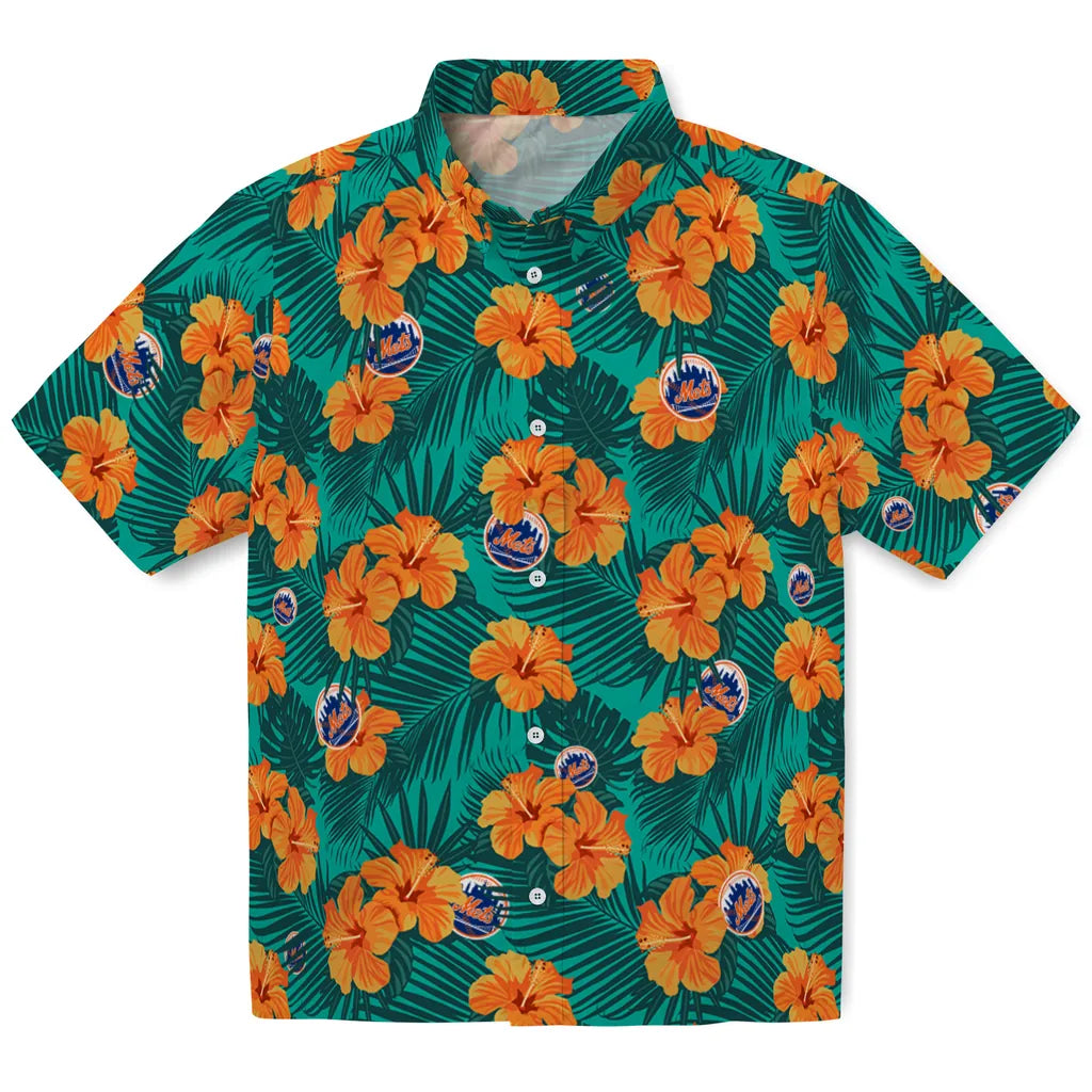 New York Mets Hawaiian Shirt - Hibiscus and Palm Leaves | Moonbestprint