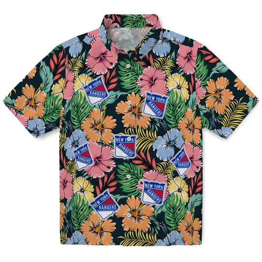 New York Rangers Hawaiian Shirt - Brilliant Hibiscus Garden | Moonbestprint