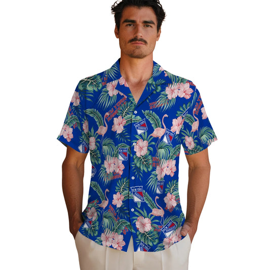 New York Rangers Hawaiian Shirt - Flamingo and Hibiscus | Moonbestprint
