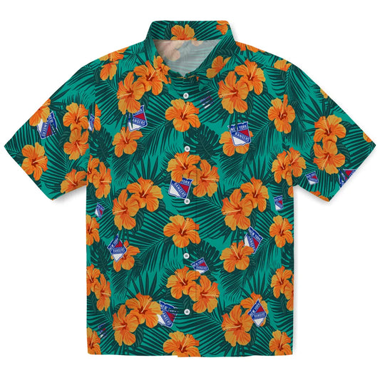 New York Rangers Hawaiian Shirt - Hibiscus and Palm Leaves | Moonbestprint