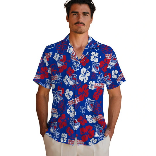New York Rangers Hawaiian Shirt - Hibiscus Flower Design | Moonbestprint