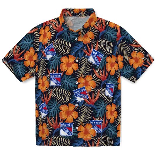 New York Rangers Hawaiian Shirt - Hibiscus Foliage | Moonbestprint
