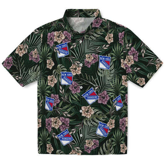 New York Rangers Hawaiian Shirt - Hibiscus Leaves Pattern | Moonbestprint