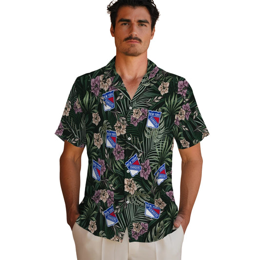 New York Rangers Hawaiian Shirt - Hibiscus Leaves Pattern | Moonbestprint