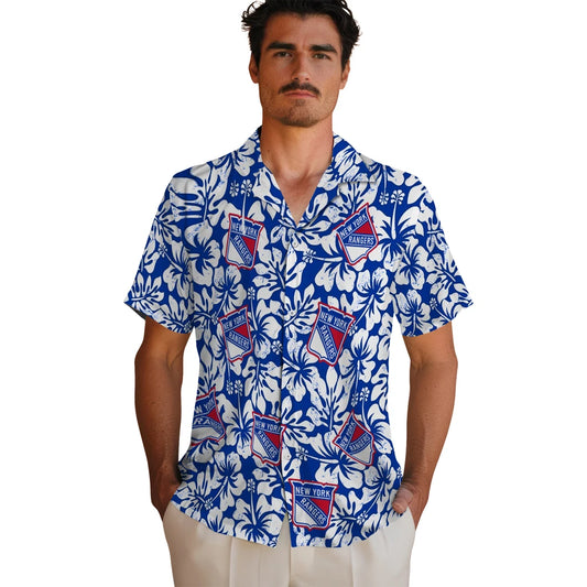 New York Rangers Hawaiian Shirt - Hibiscus Motif | Moonbestprint