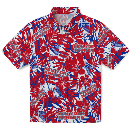 New York Rangers Hawaiian Shirt - Hibiscus Overlay | Moonbestprint