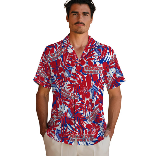 New York Rangers Hawaiian Shirt - Hibiscus Overlay | Moonbestprint