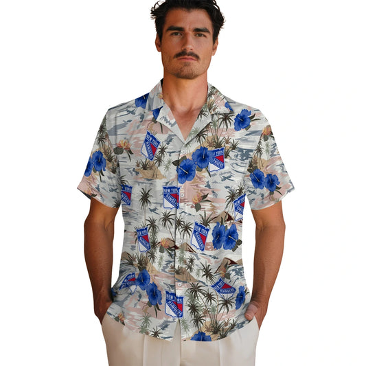 New York Rangers Hawaiian Shirt - Hibiscus Seaside | Moonbestprint