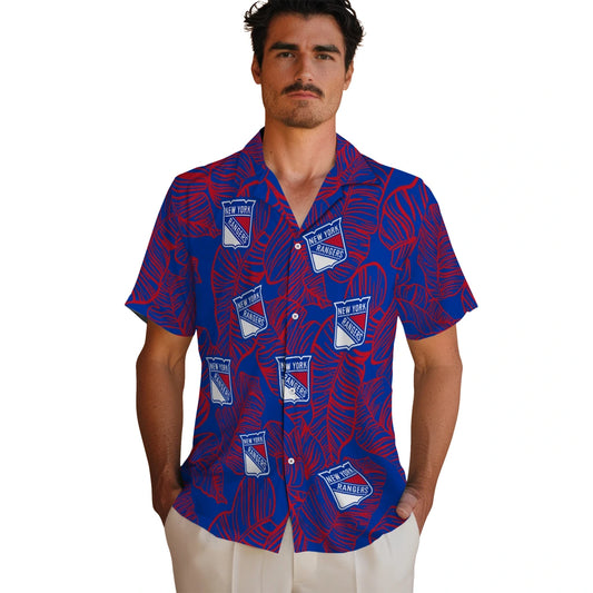 New York Rangers Hawaiian Shirt - Leaf Outline | Moonbestprint