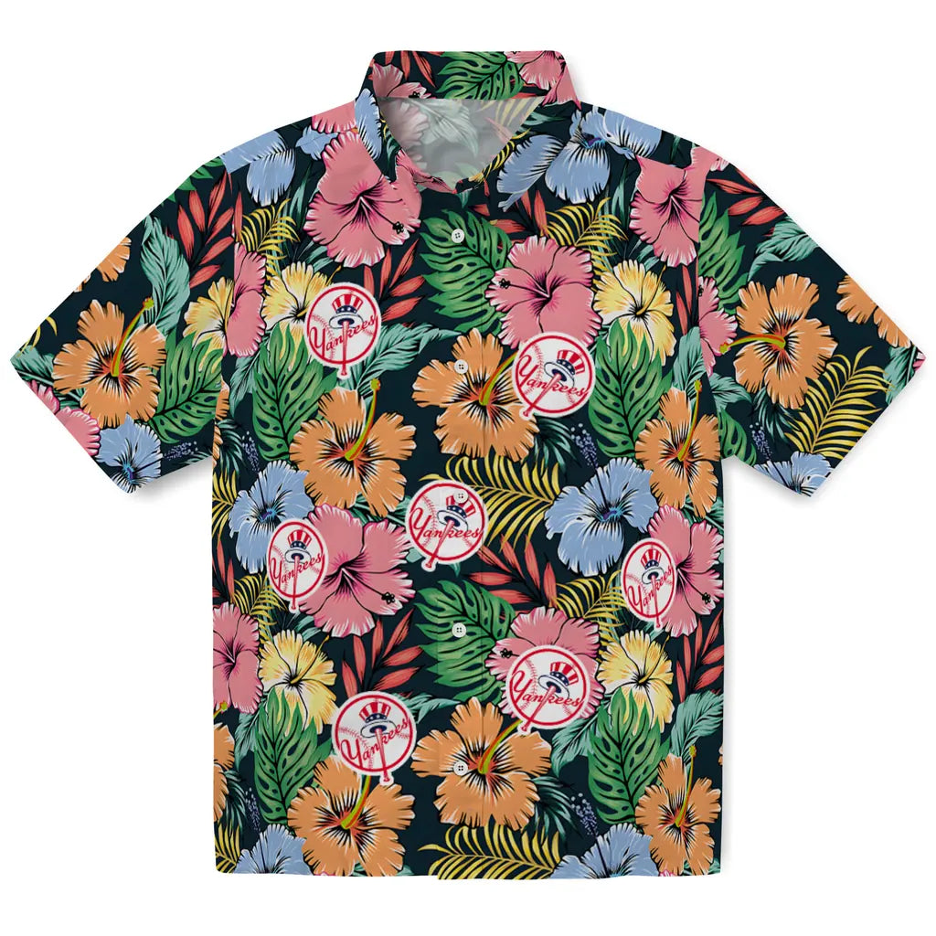 New York Yankees Hawaiian Shirt - Brilliant Hibiscus Garden | Moonbestprint