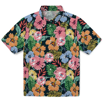 New York Yankees Hawaiian Shirt - Brilliant Hibiscus Garden | Moonbestprint