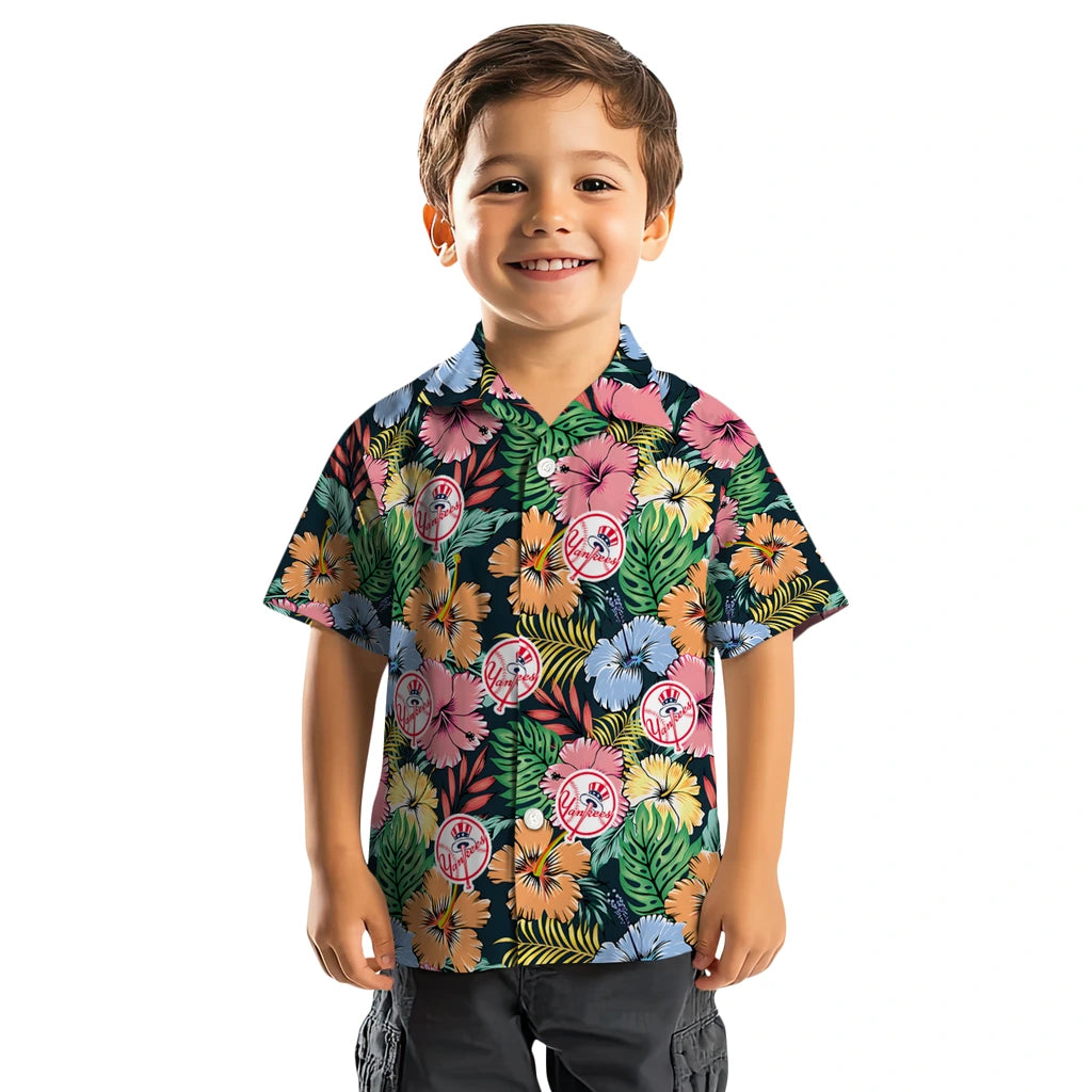 New York Yankees Hawaiian Shirt - Brilliant Hibiscus Garden | Moonbestprint