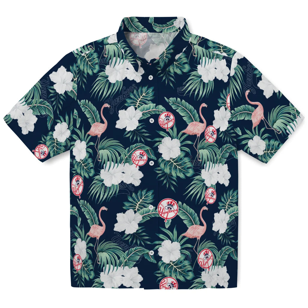 New York Yankees Hawaiian Shirt - Flamingo and Hibiscus | Moonbestprint