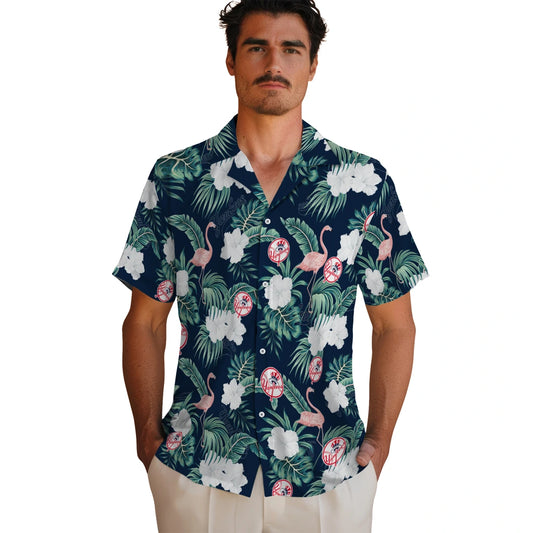 New York Yankees Hawaiian Shirt - Flamingo and Hibiscus | Moonbestprint