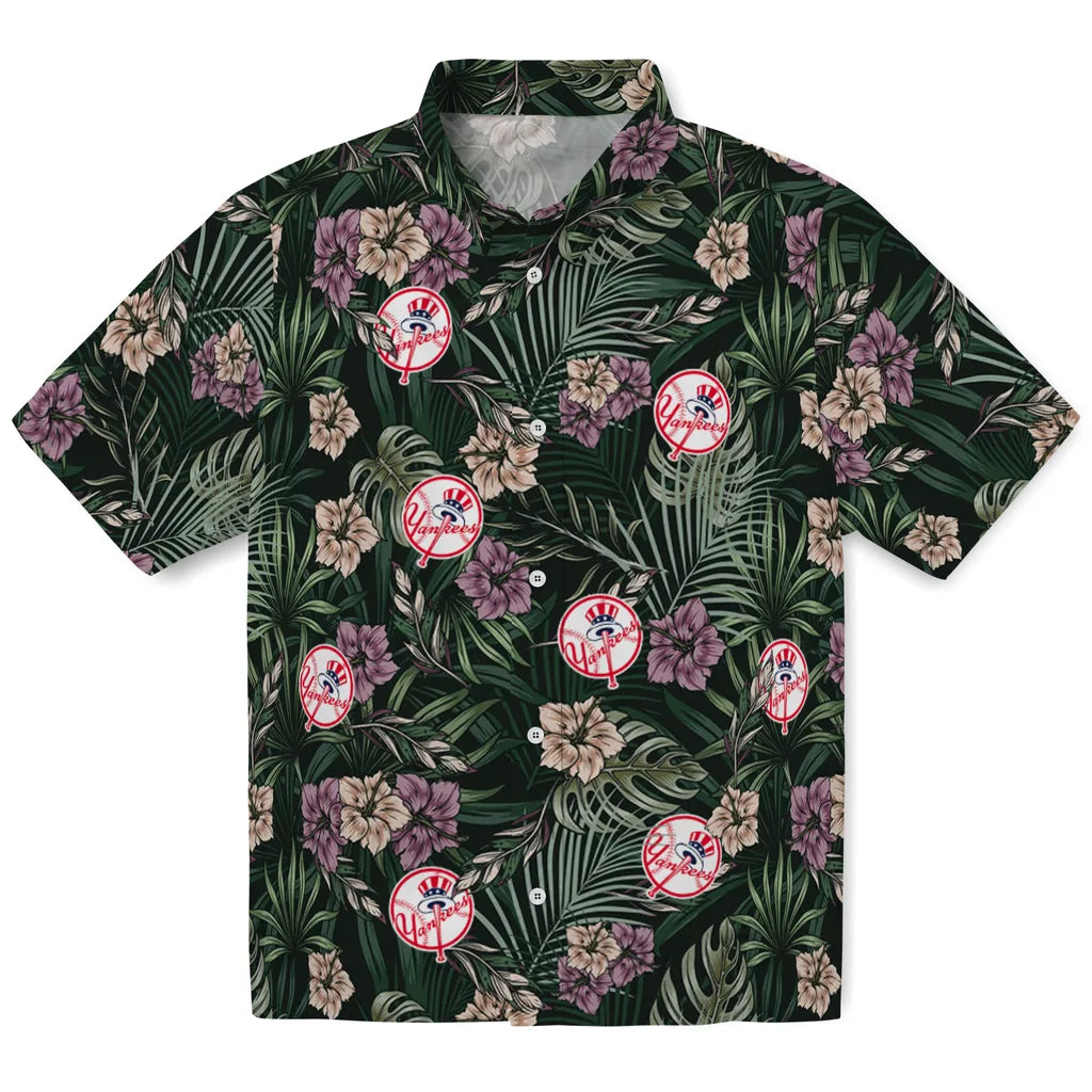 New York Yankees Hawaiian Shirt - Hibiscus Leaves Pattern | Moonbestprint