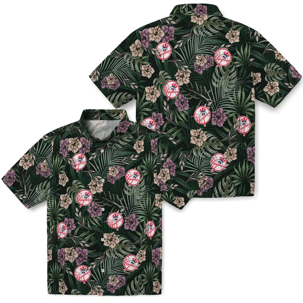 New York Yankees Hawaiian Shirt - Hibiscus Leaves Pattern | Moonbestprint