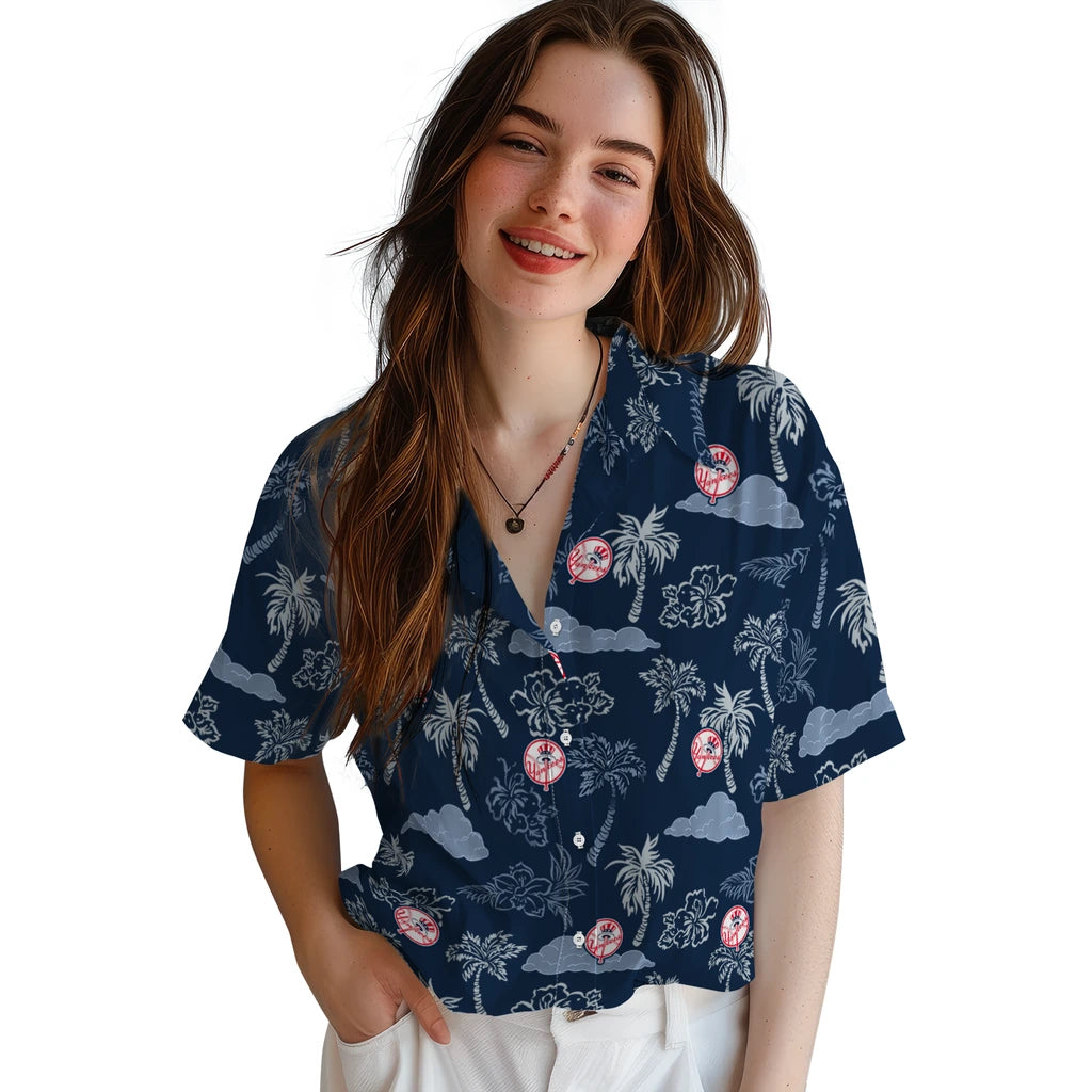 New York Yankees Hawaiian Shirt - Palm And Clouds | Moonbestprint